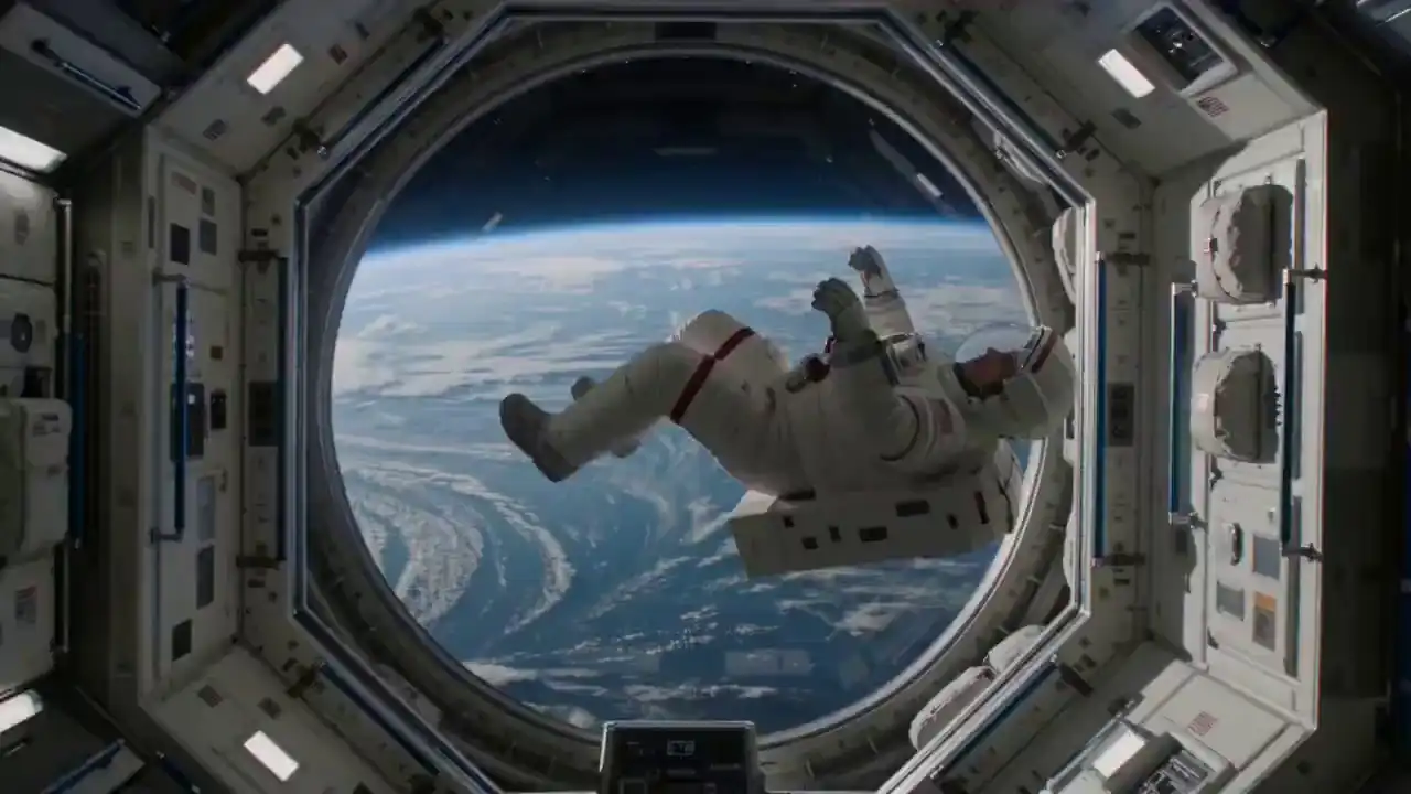 An astronaut floats in a space station viewing a glowing blue planet through a window, captured via Seedance 2 Mini.