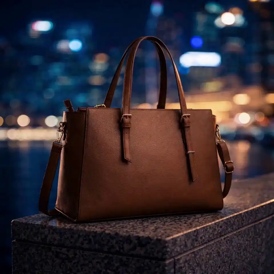 A luxury brown leather tote bag on a city waterfront at night with a glowing skyline, created with Seedance 2 Mini.
