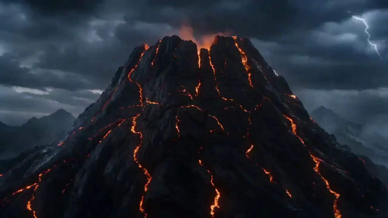 A massive fire dragon emerges from a cracking mountain with molten lava under a stormy sky, rendered by Seedance 2 Mini.