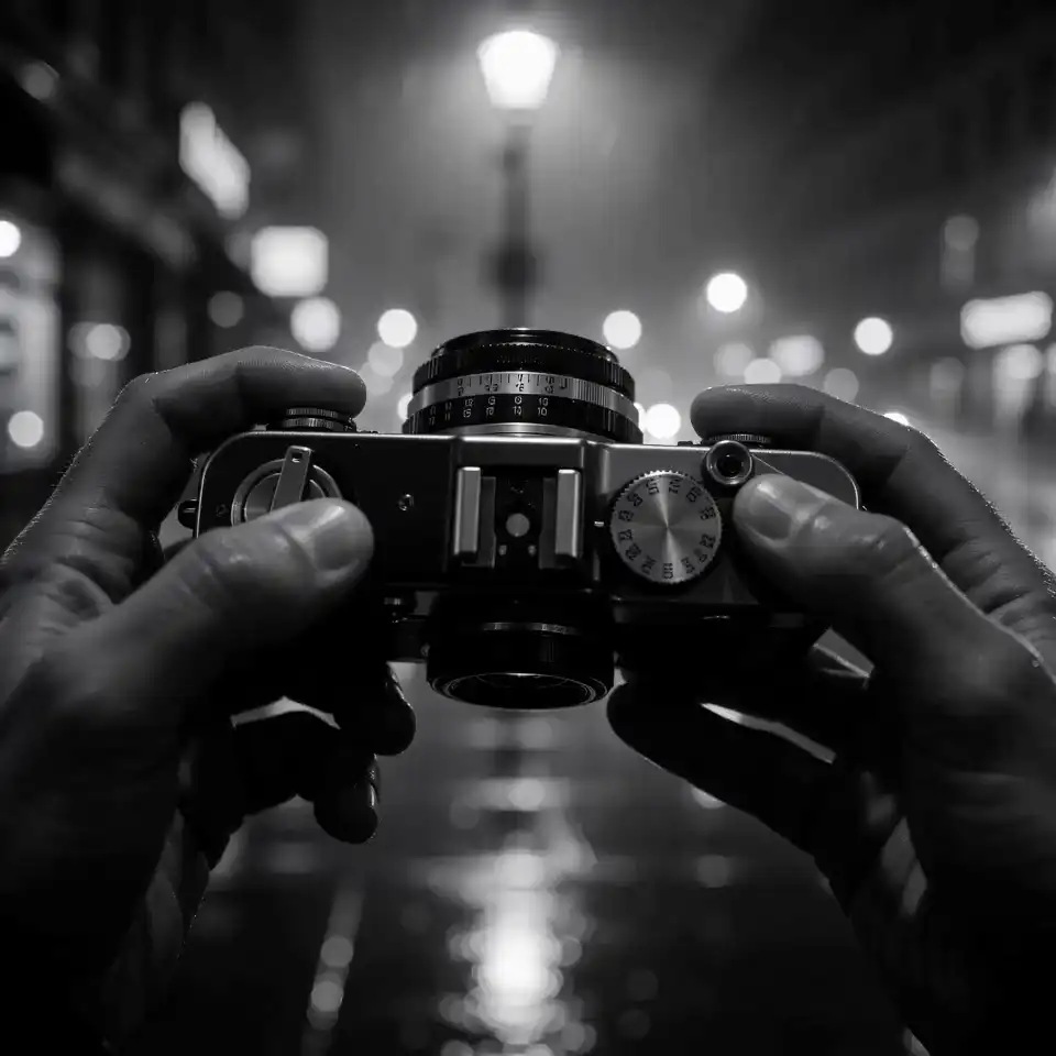 A retro film camera on a wet city street in a black and white noir scene, generated by Seedance 2 Mini.
