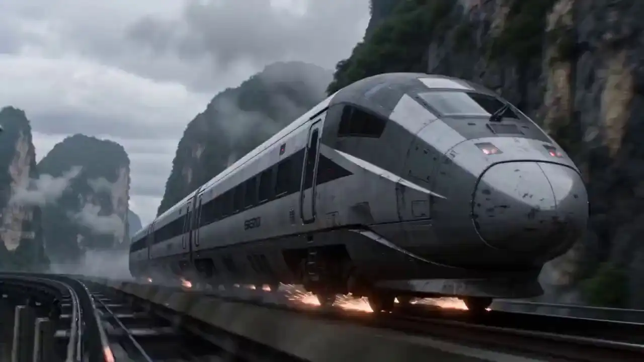 A military aircraft docks and merges with a high-speed train in a cinematic sci-fi scene from Seedance 2 Mini.