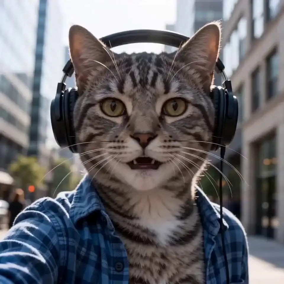A tabby cat vlogger in a blue shirt and headphones records a selfie vlog on a city street via Seedance 2 Mini.