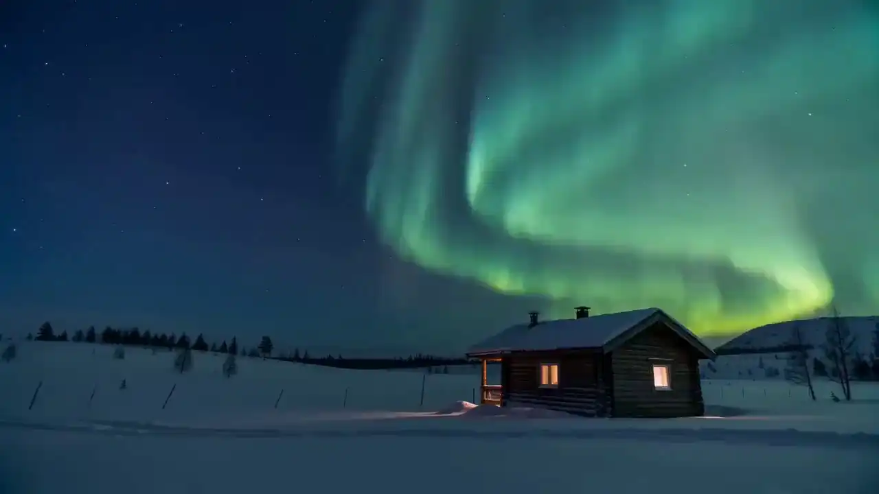 A wooden cabin in a snowy wilderness under vibrant northern lights dancing in the night sky, via Seedance 2 Mini.